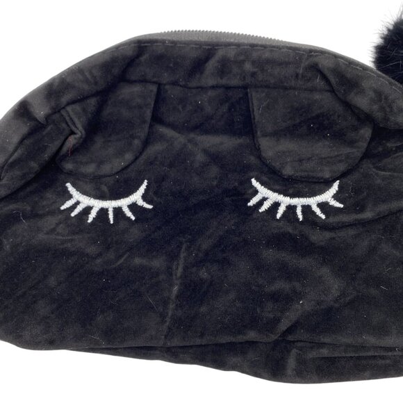 Black Velvet Cosmetic Pouch With‎ Embroidered Eyelash Design & Fluffy Pom Pom - Picture 2 of 5